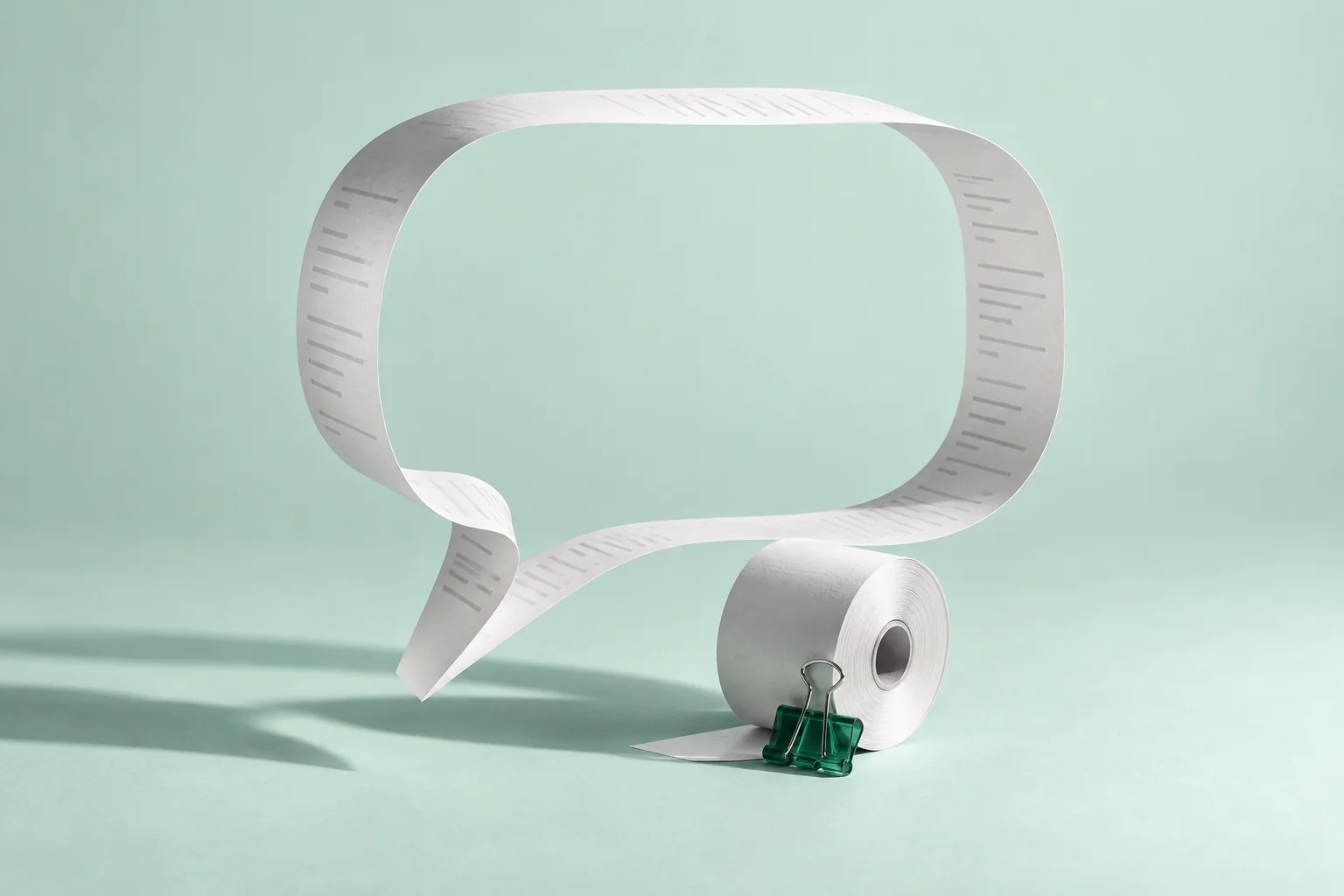 A curling paper receipt forms a speech bubble on a mint background.