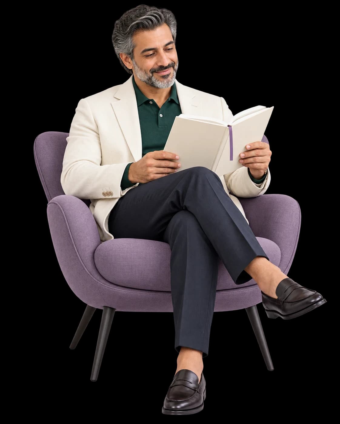 A man in an ivory jacket and emerald polo reading a folio in a lilac armchair.