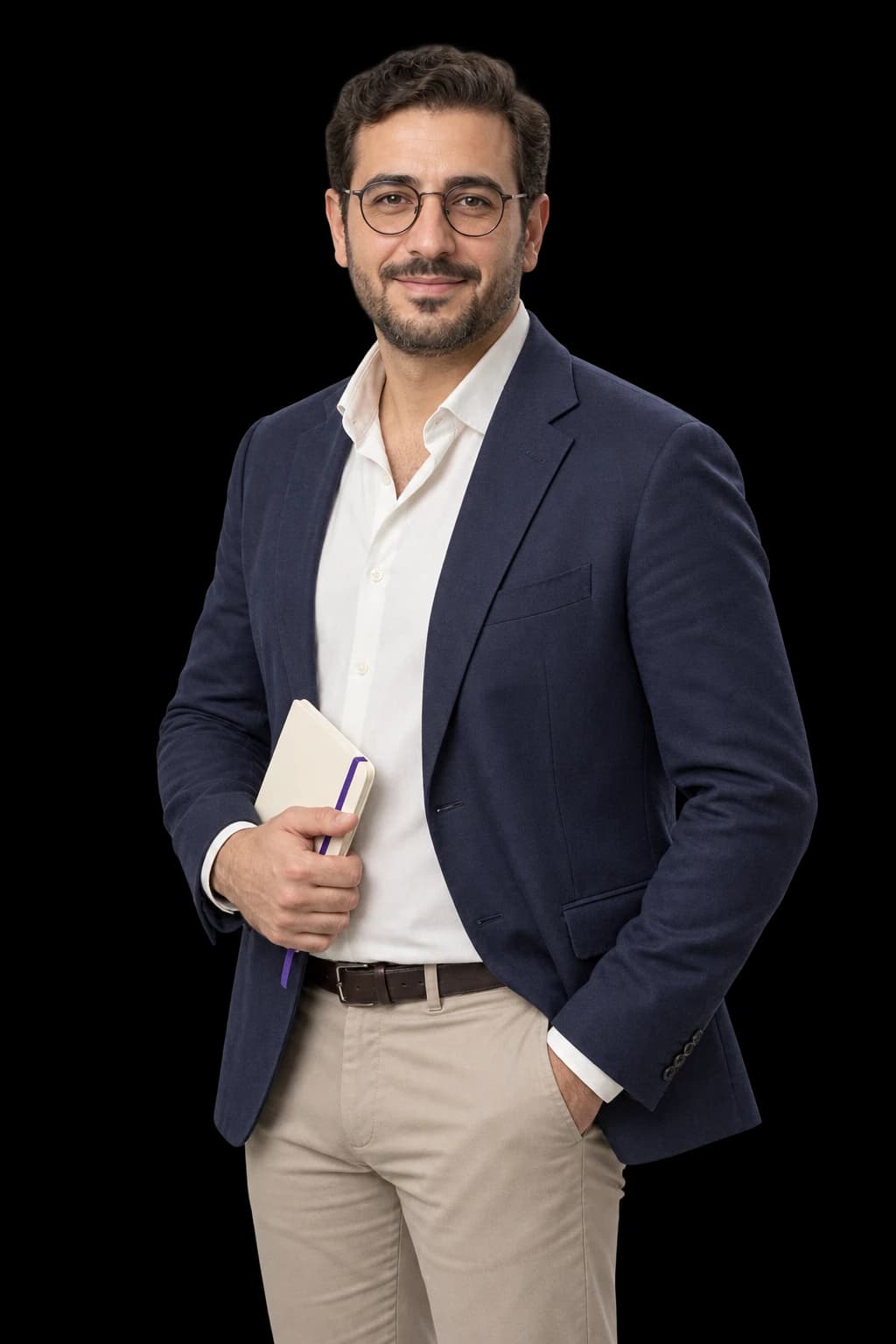 A professional holding a notebook.