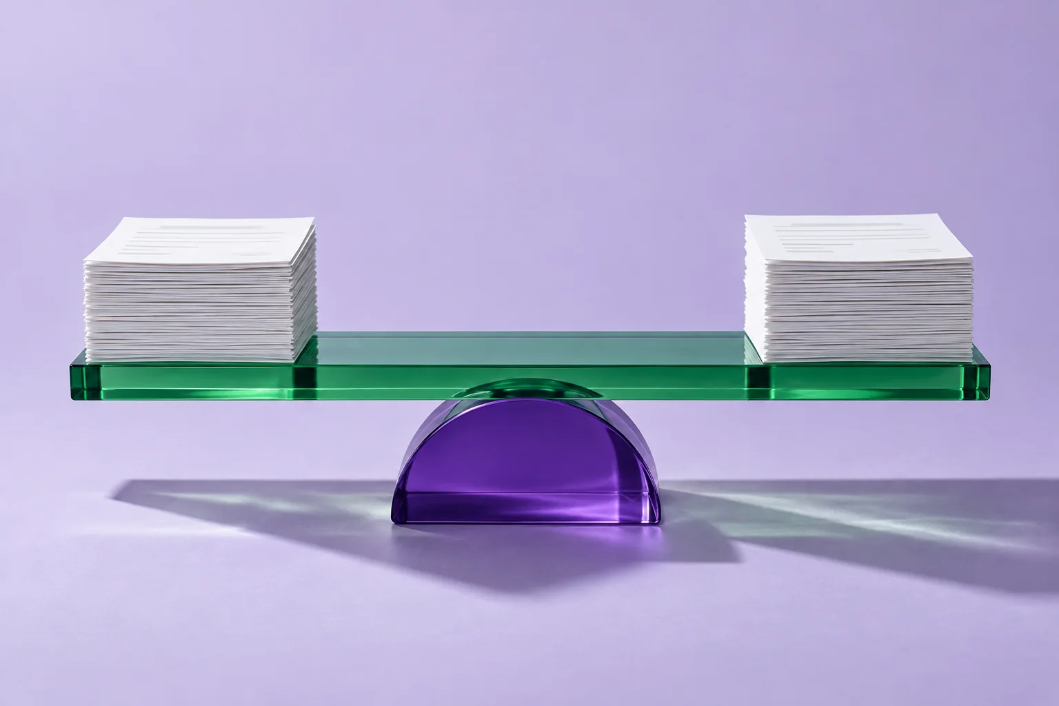 Two equal stacks of paper balance on an emerald beam and an iris support.