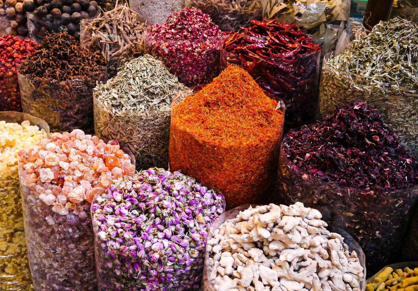 Sacks of spices on display in a Dubai souk