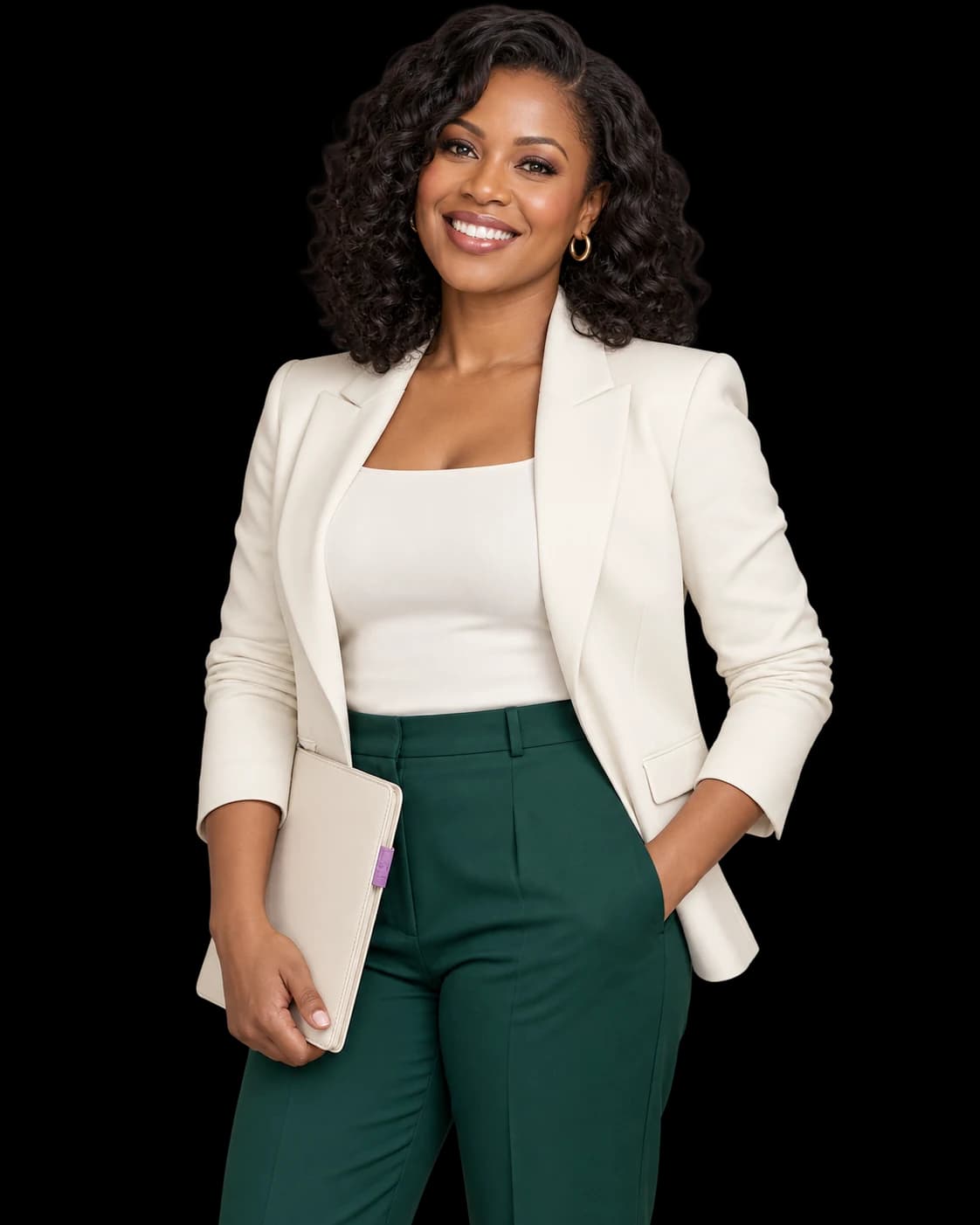 A smiling woman in an ivory blazer and emerald trousers holding a notebook.