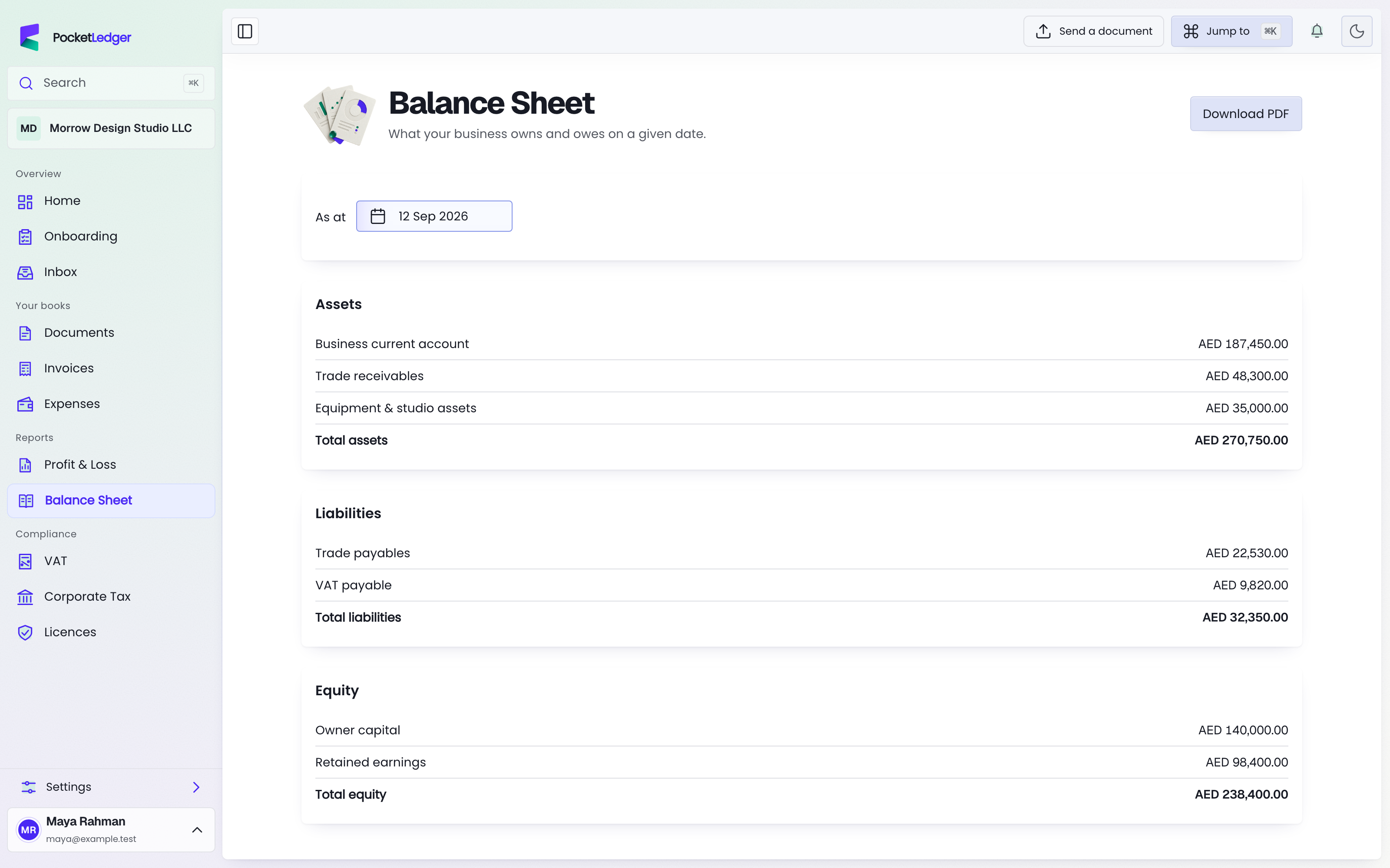Actual PocketLedger client portal: what your business owns and owes, populated with fictional sample records.