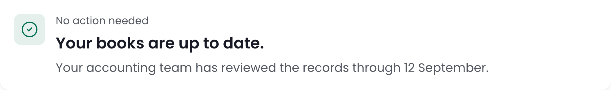 Cropped client portal detail: The accounting team’s current review status. Fictional sample records.