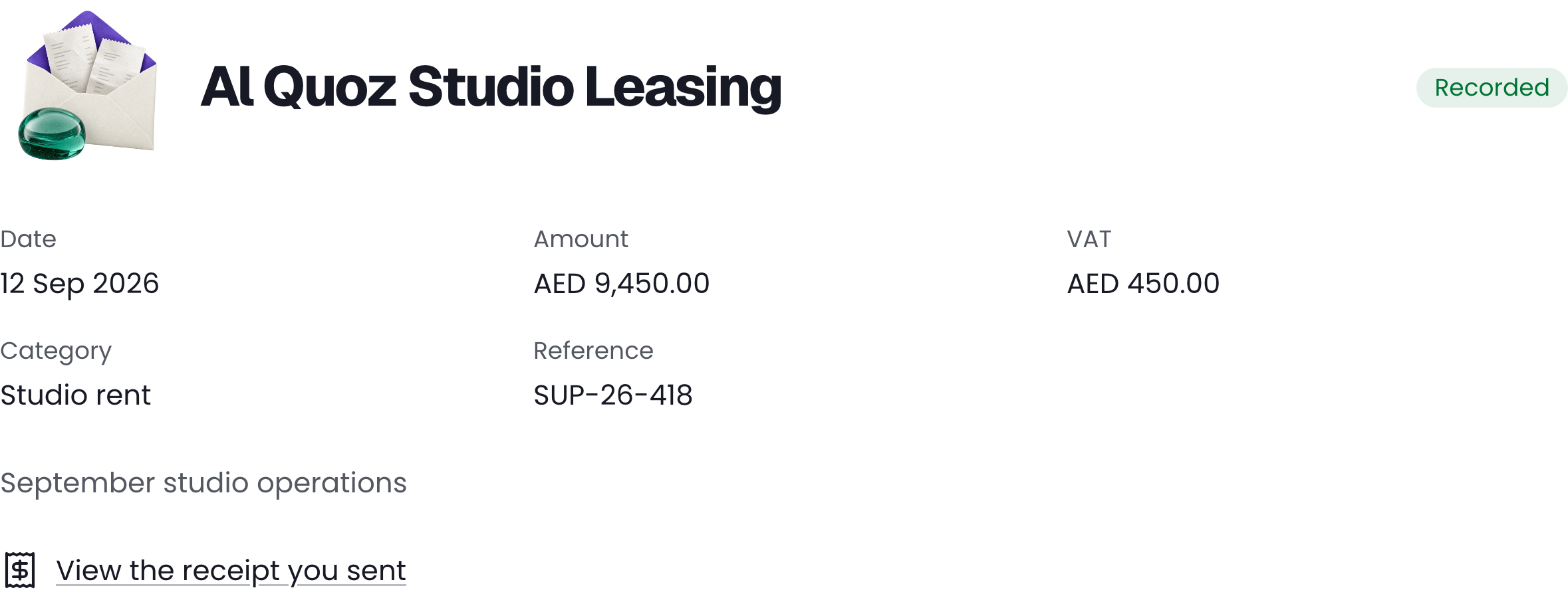Cropped client portal detail: Supplier, VAT, category, reference, recorded status and original receipt link. Fictional sample records.