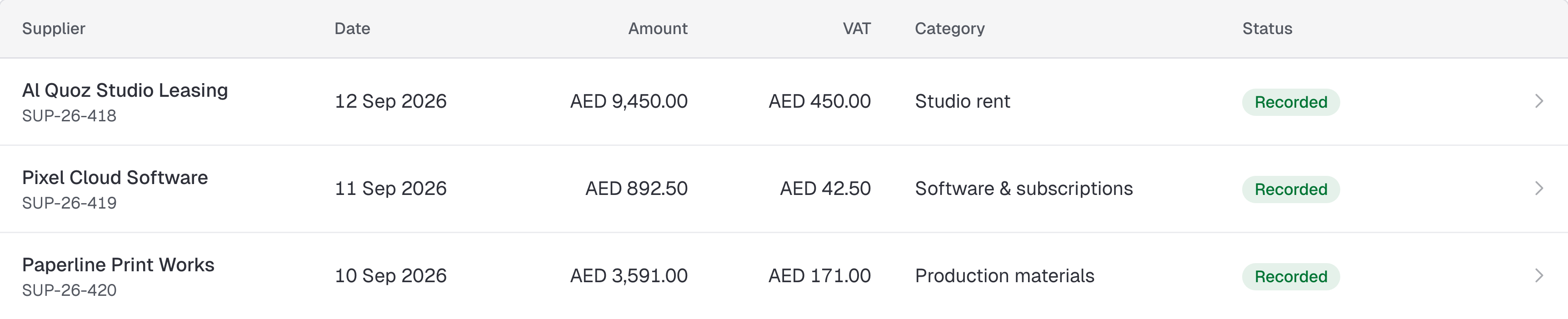 Cropped client portal detail: Supplier, amount, VAT, category and recorded status. Fictional sample records.