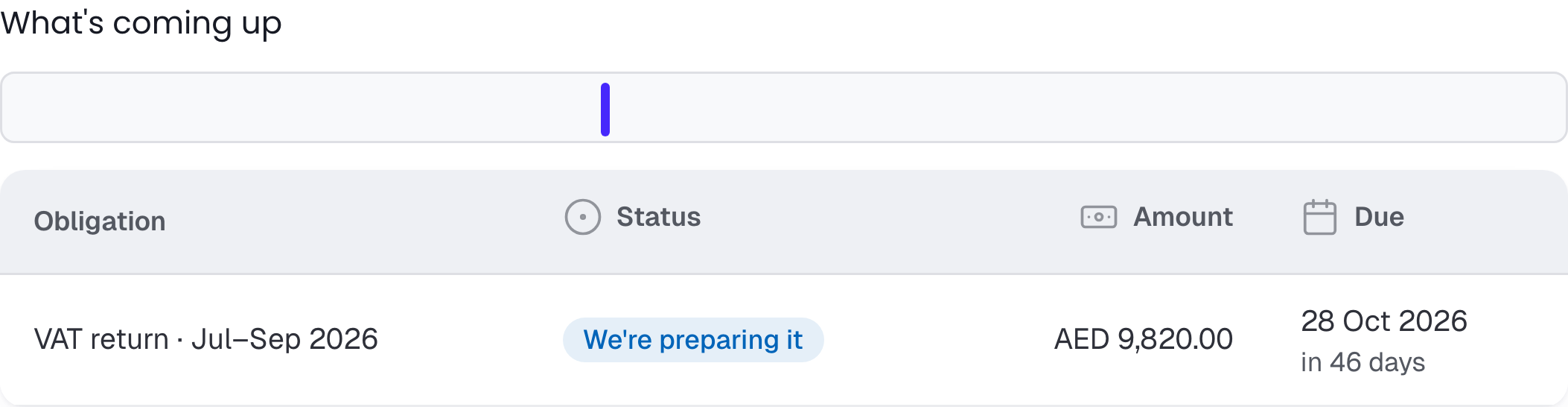 Cropped client portal detail: Upcoming obligations with their amounts, status and due dates. Fictional sample records.