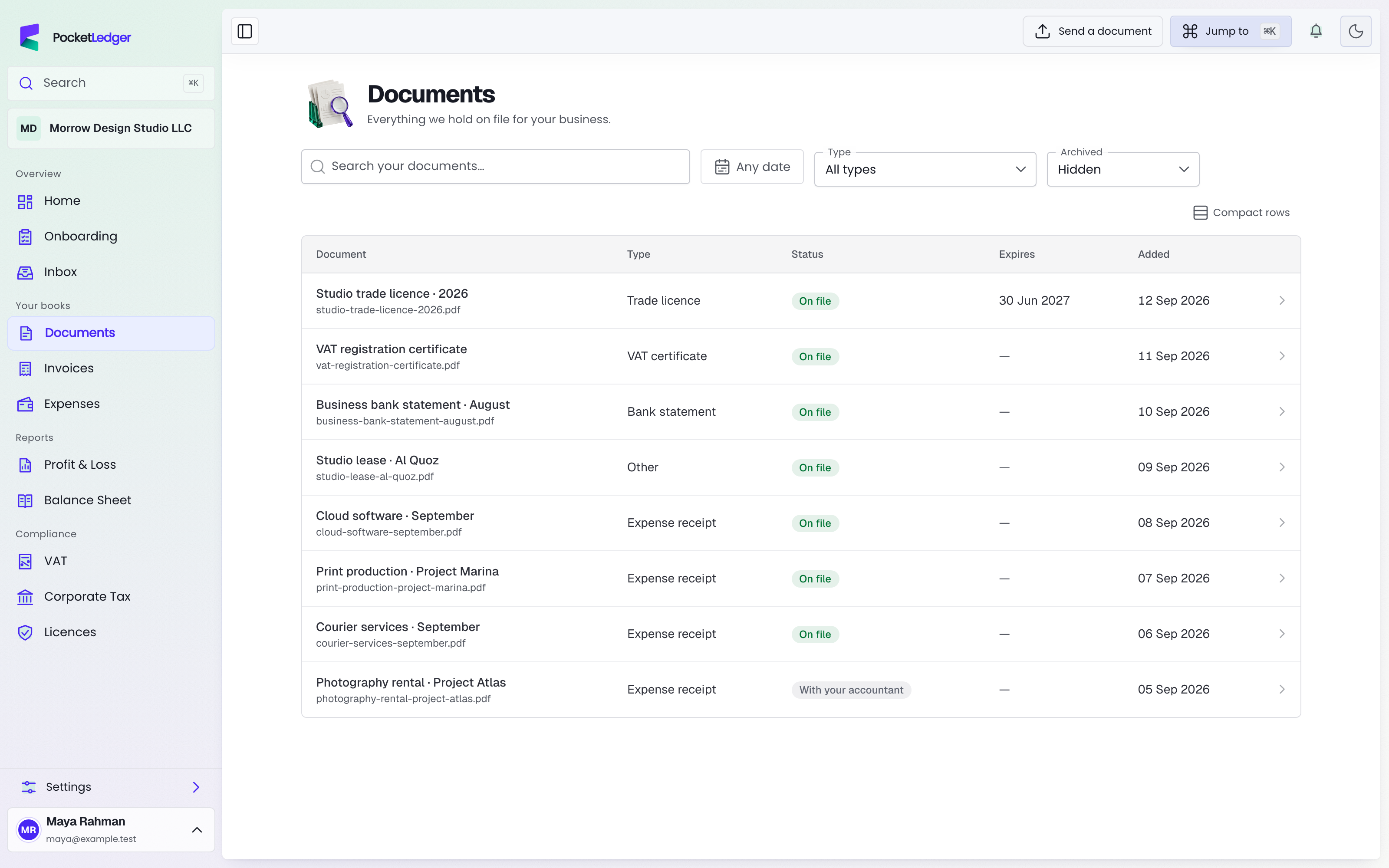 Actual PocketLedger client portal: your documents, with their status, populated with fictional sample records.