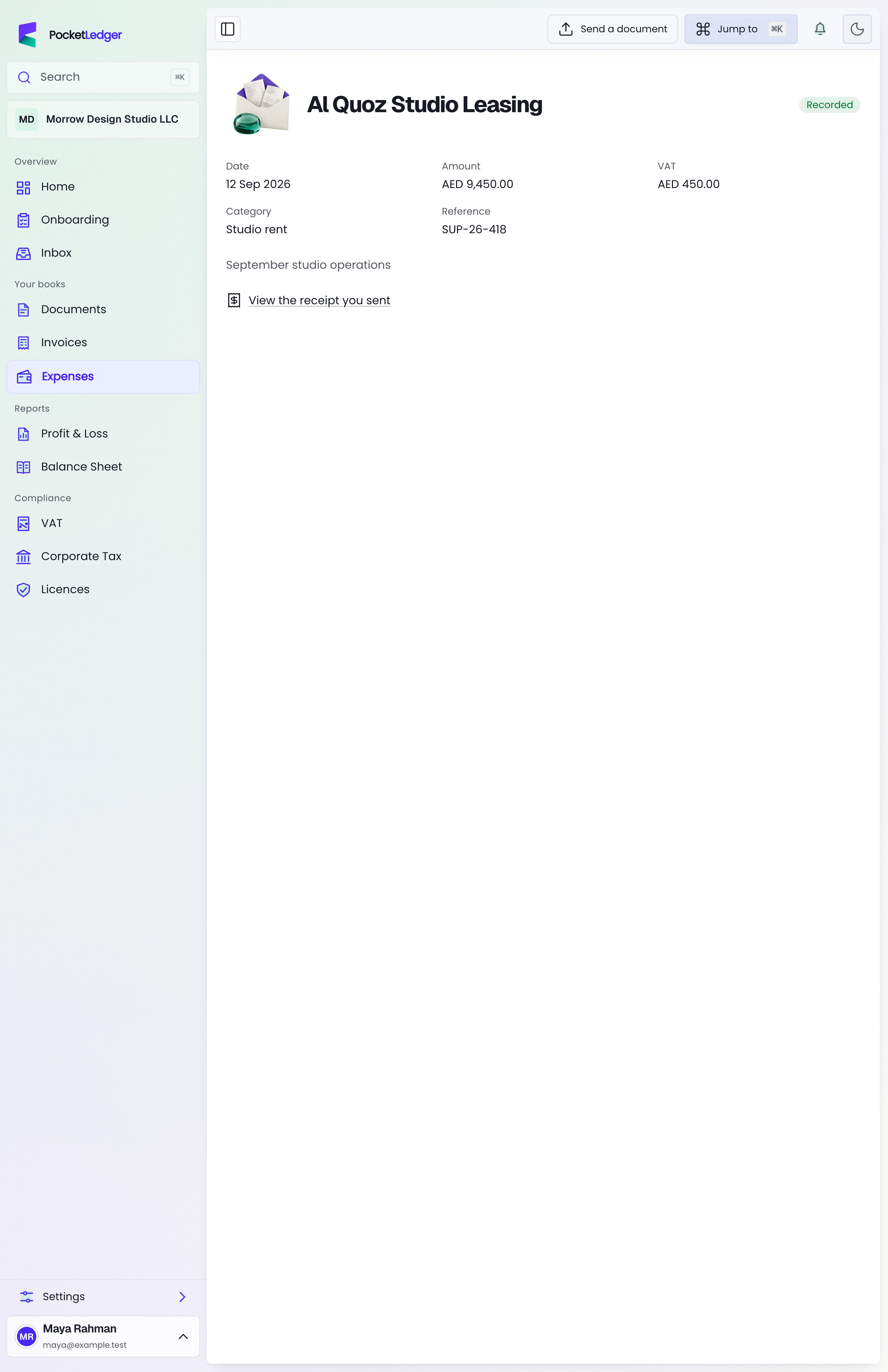 Actual PocketLedger client portal: from expense to source receipt, populated with fictional sample records.