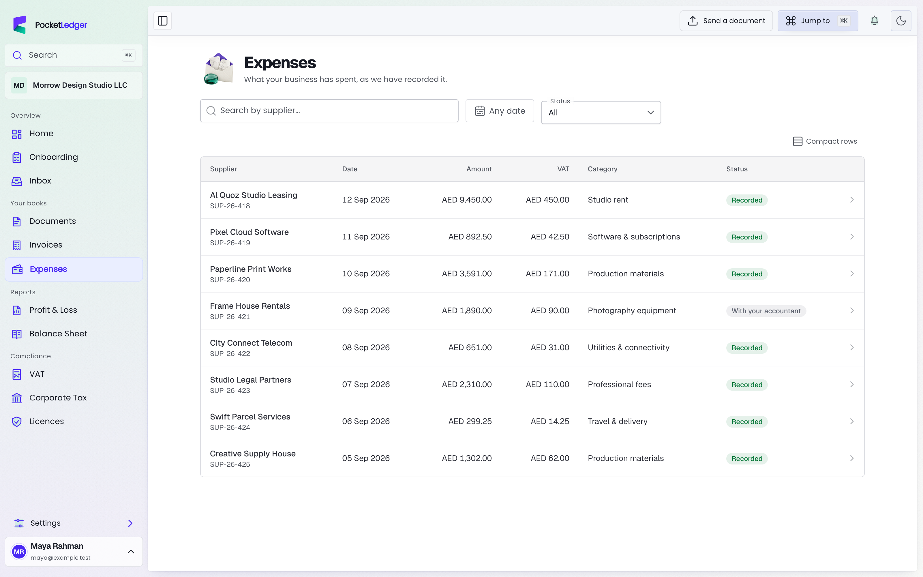 Actual PocketLedger client portal: see where the business spends, populated with fictional sample records.