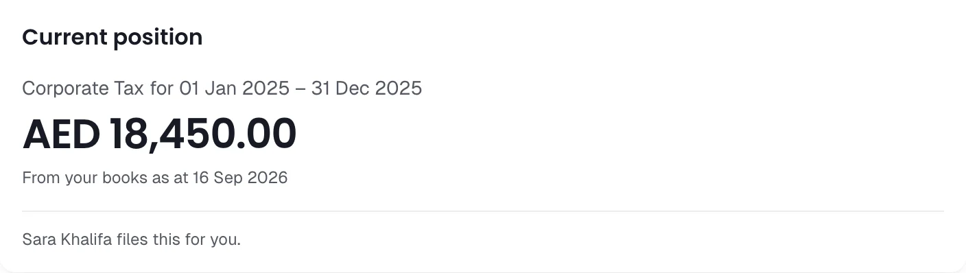 Client portal Corporate Tax position for the 2025 financial year. Fictional sample records.
