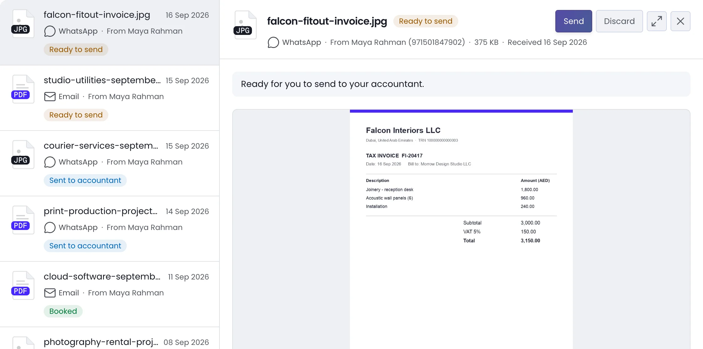 Client portal inbox: a list of documents sent by WhatsApp and email, with a WhatsApp invoice open beside it, ready to send to the accountant. Fictional sample records.