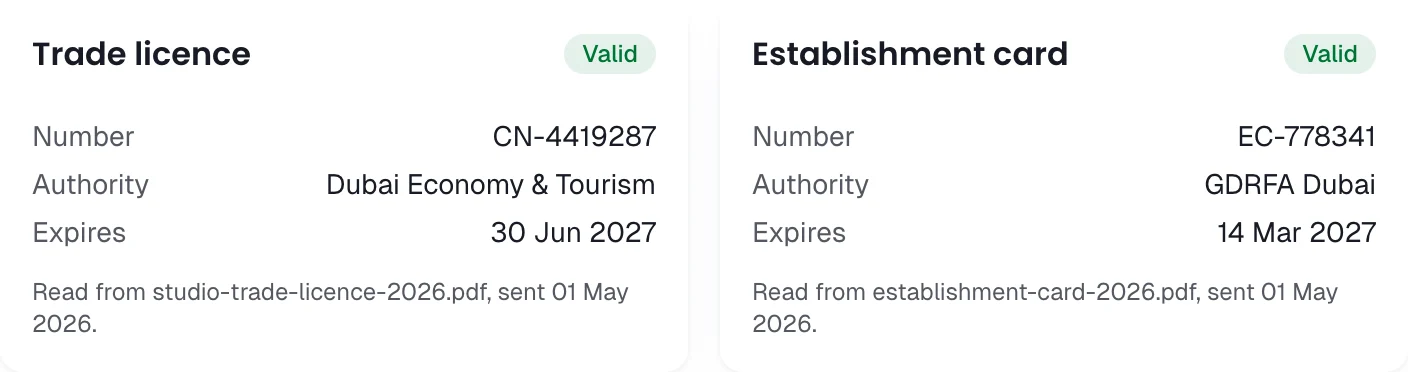Client portal licence cards with numbers, issuing authorities and expiry dates, each read from a sent PDF. Fictional sample records.