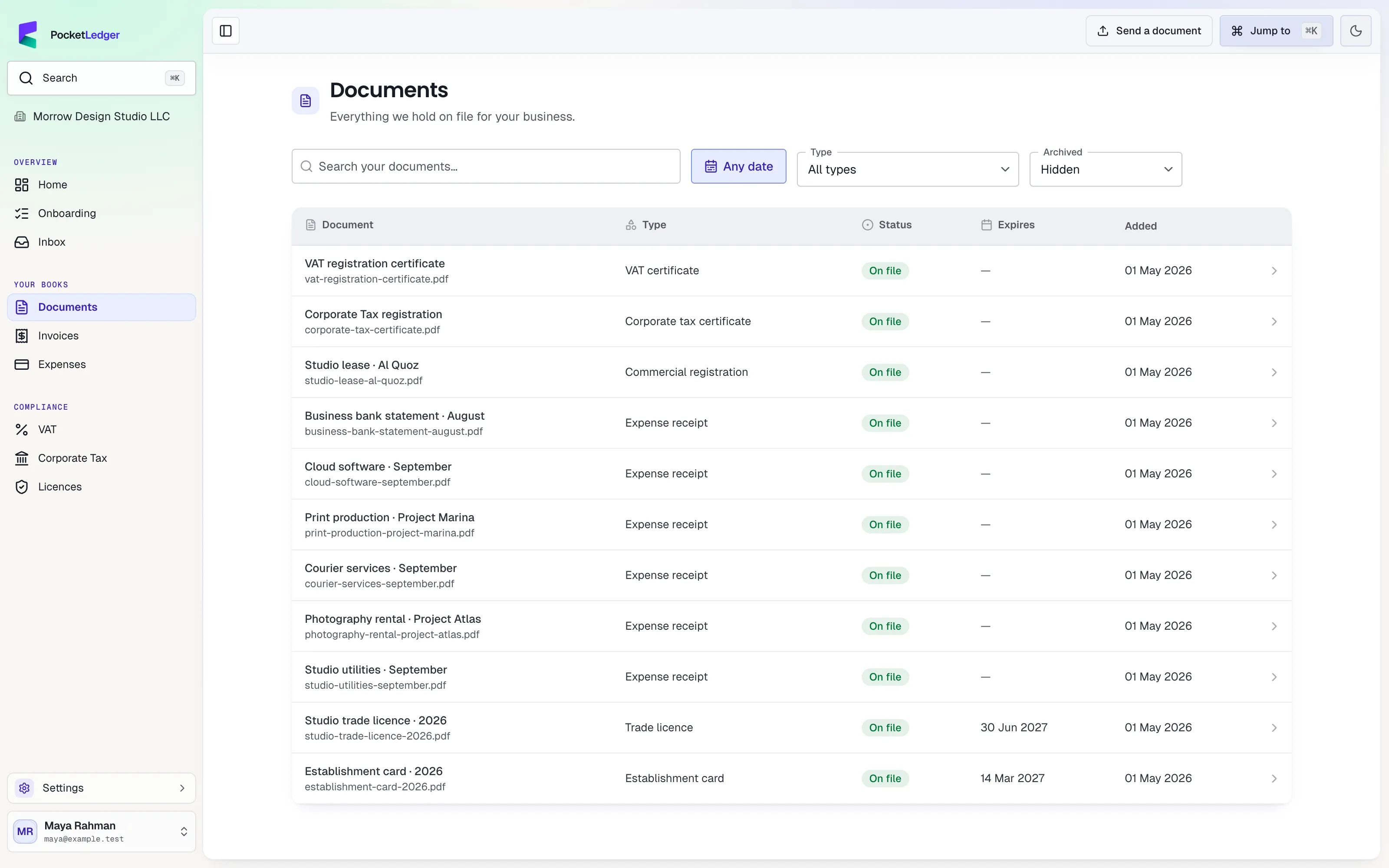 Actual client portal: your documents, populated with fictional sample records.