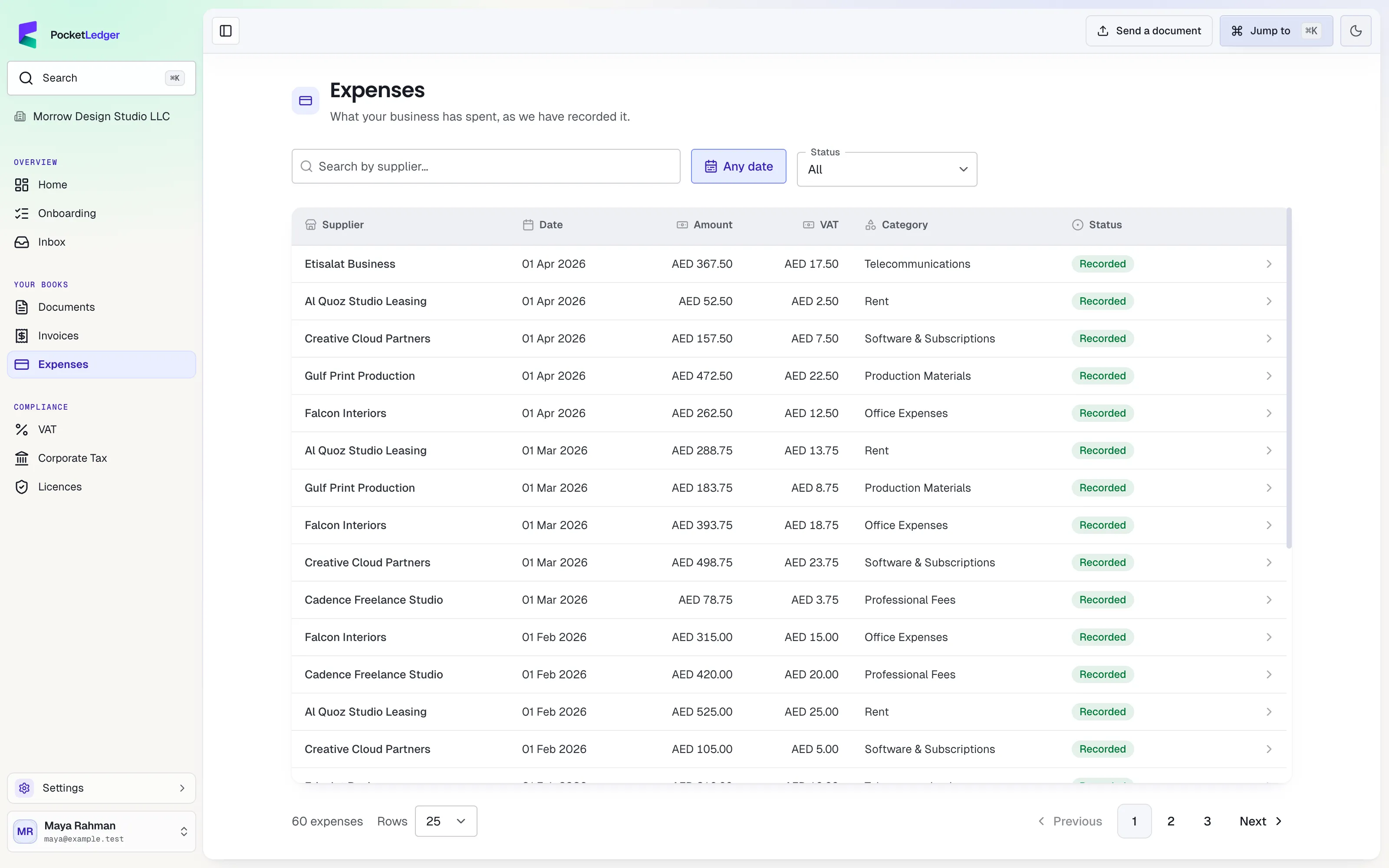 Actual client portal: your expenses, populated with fictional sample records.