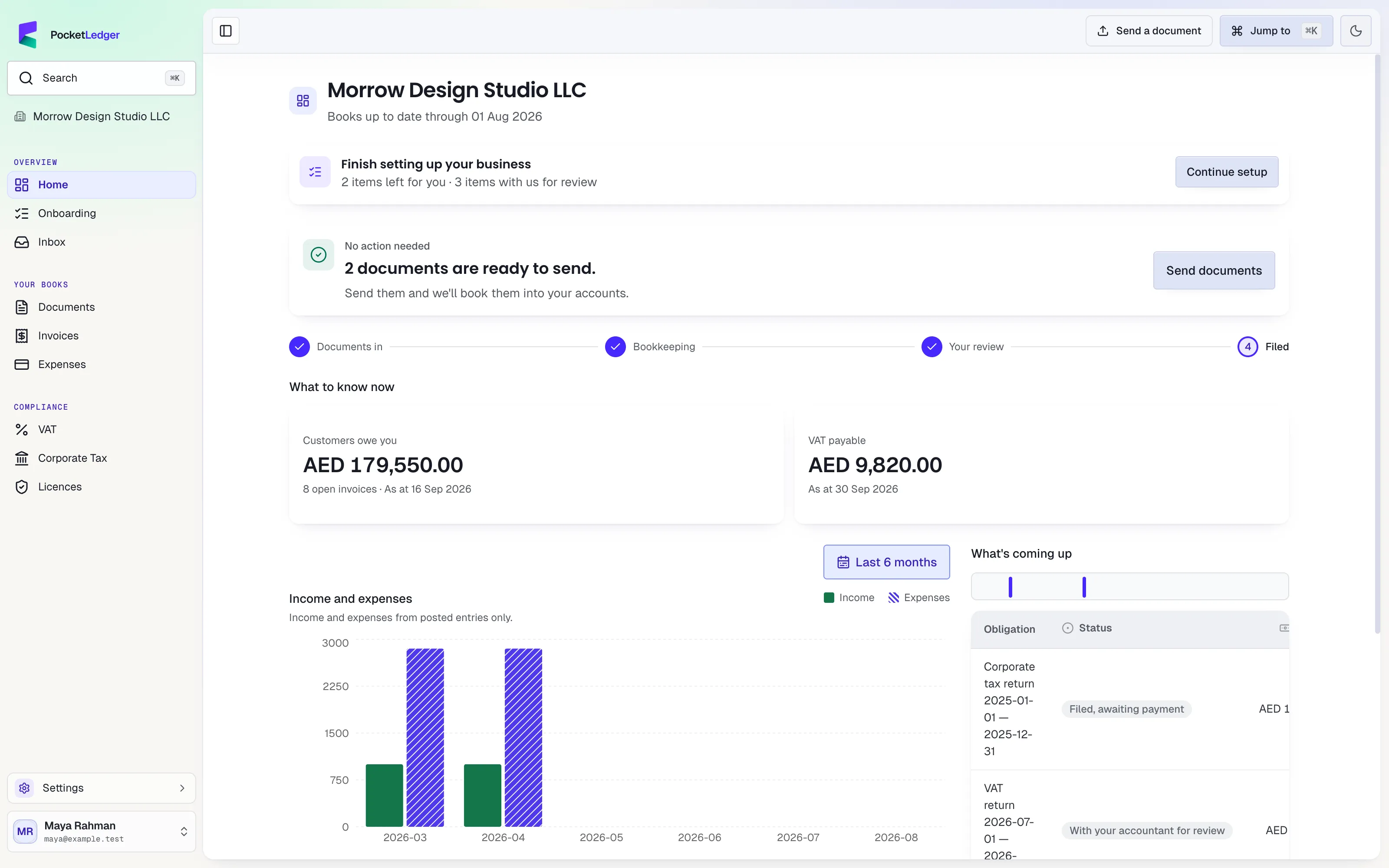 Actual client portal: your overview, populated with fictional sample records.