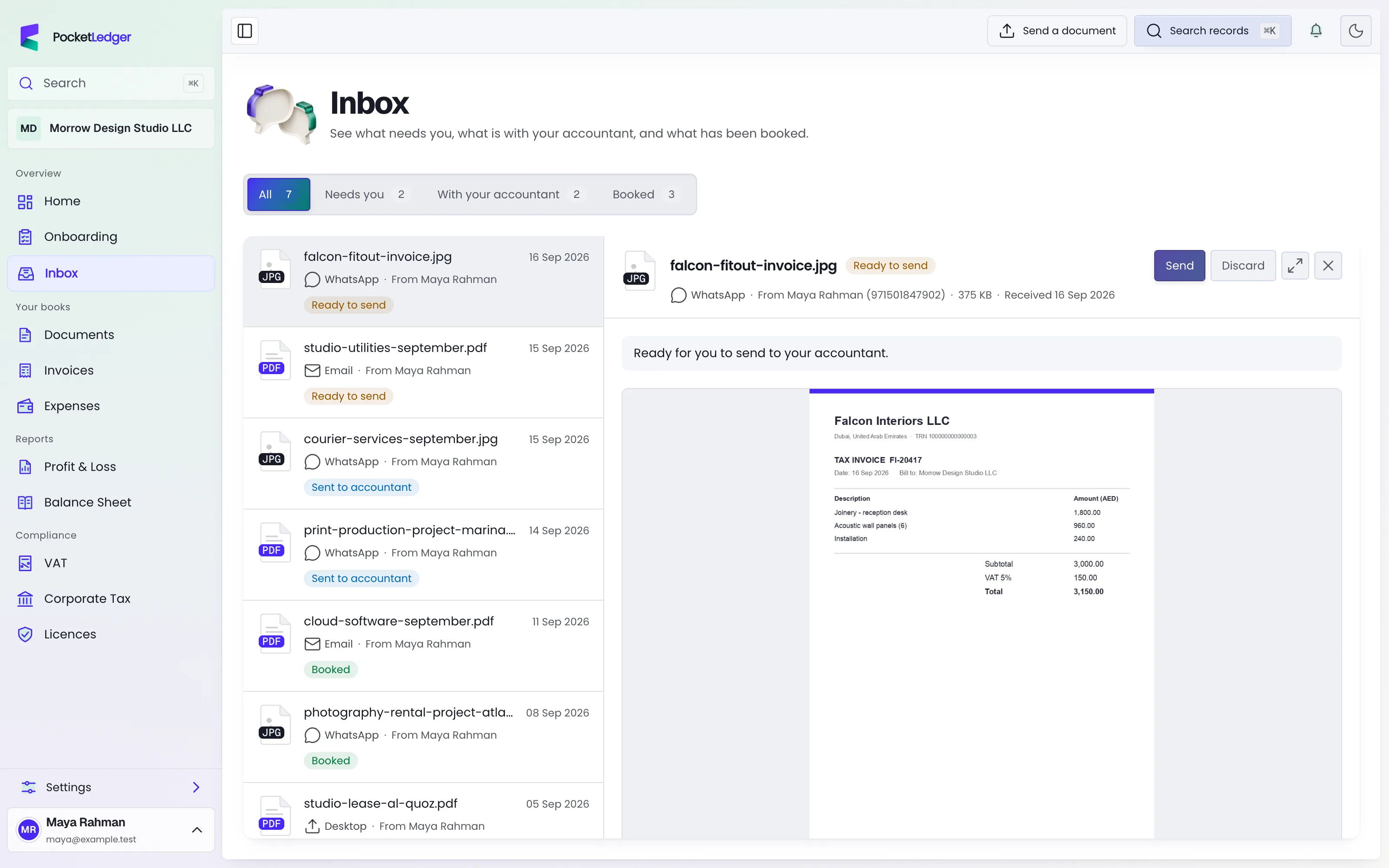 Actual client portal: your inbox, populated with fictional sample records.