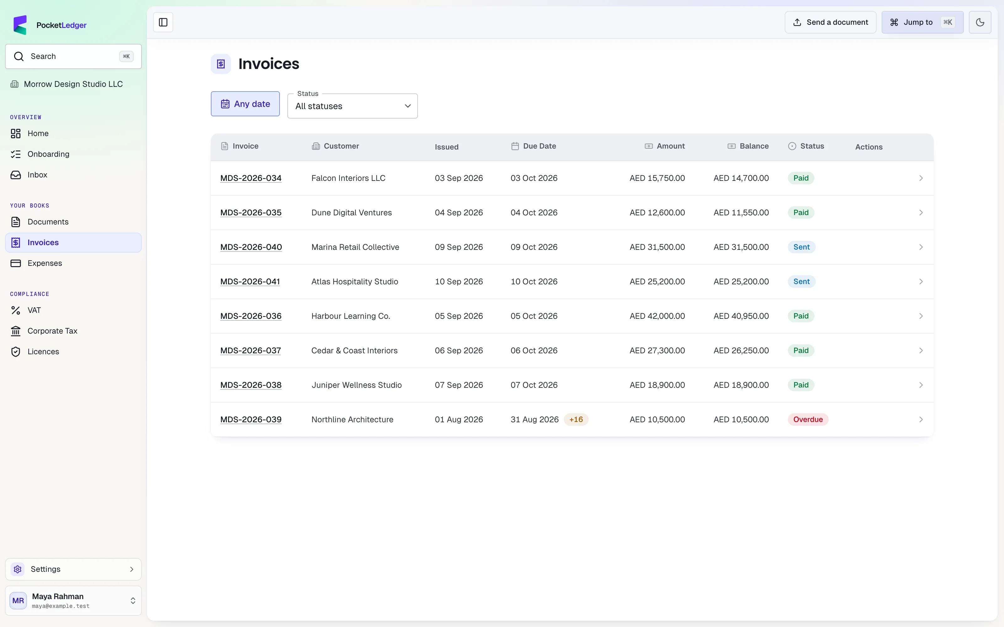 Actual client portal: your invoices, populated with fictional sample records.