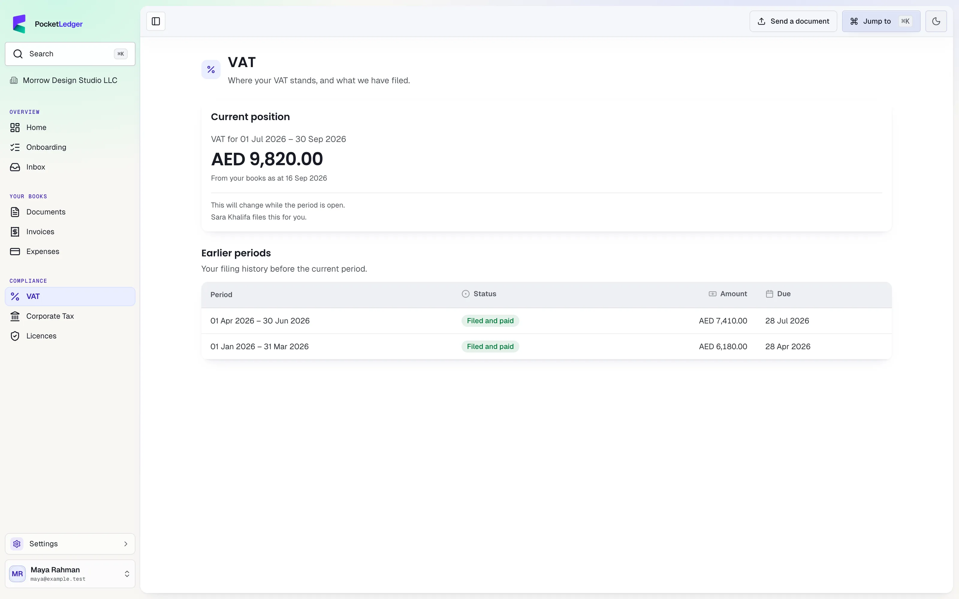 Actual client portal: your vat, populated with fictional sample records.