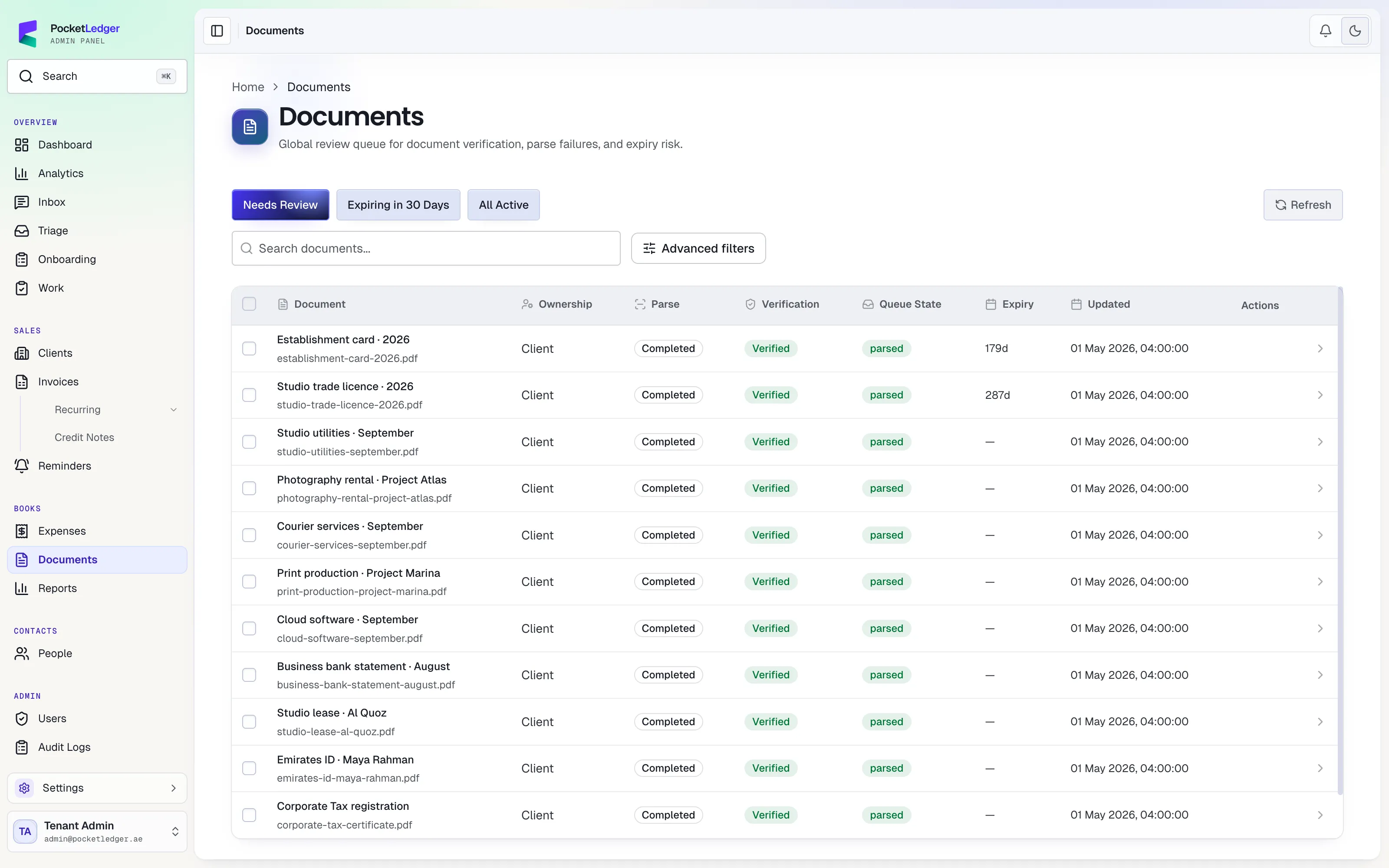 Actual accounting workspace: accounting workspace · documents, populated with fictional sample records.