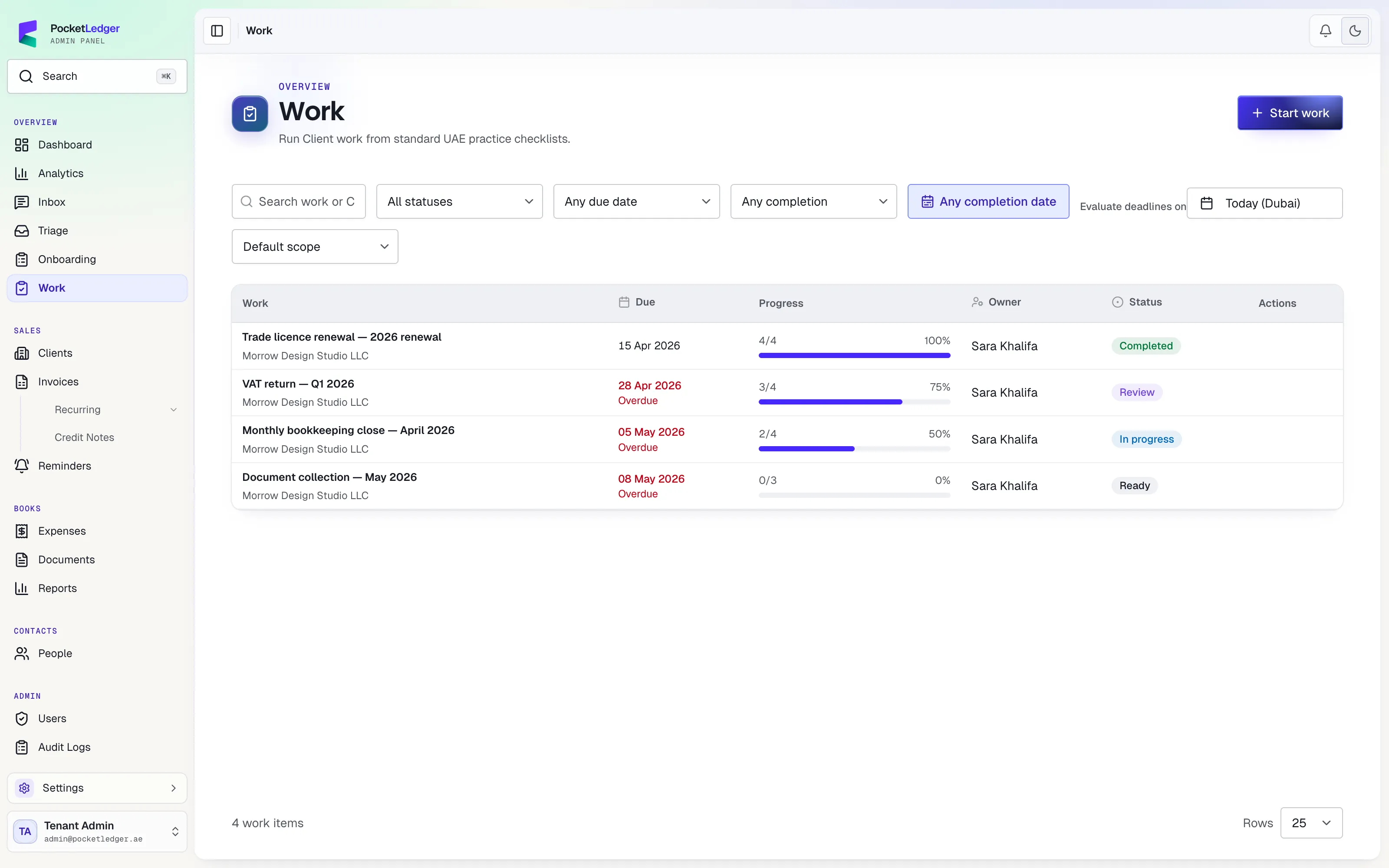 Actual accounting workspace: accounting workspace · work, populated with fictional sample records.