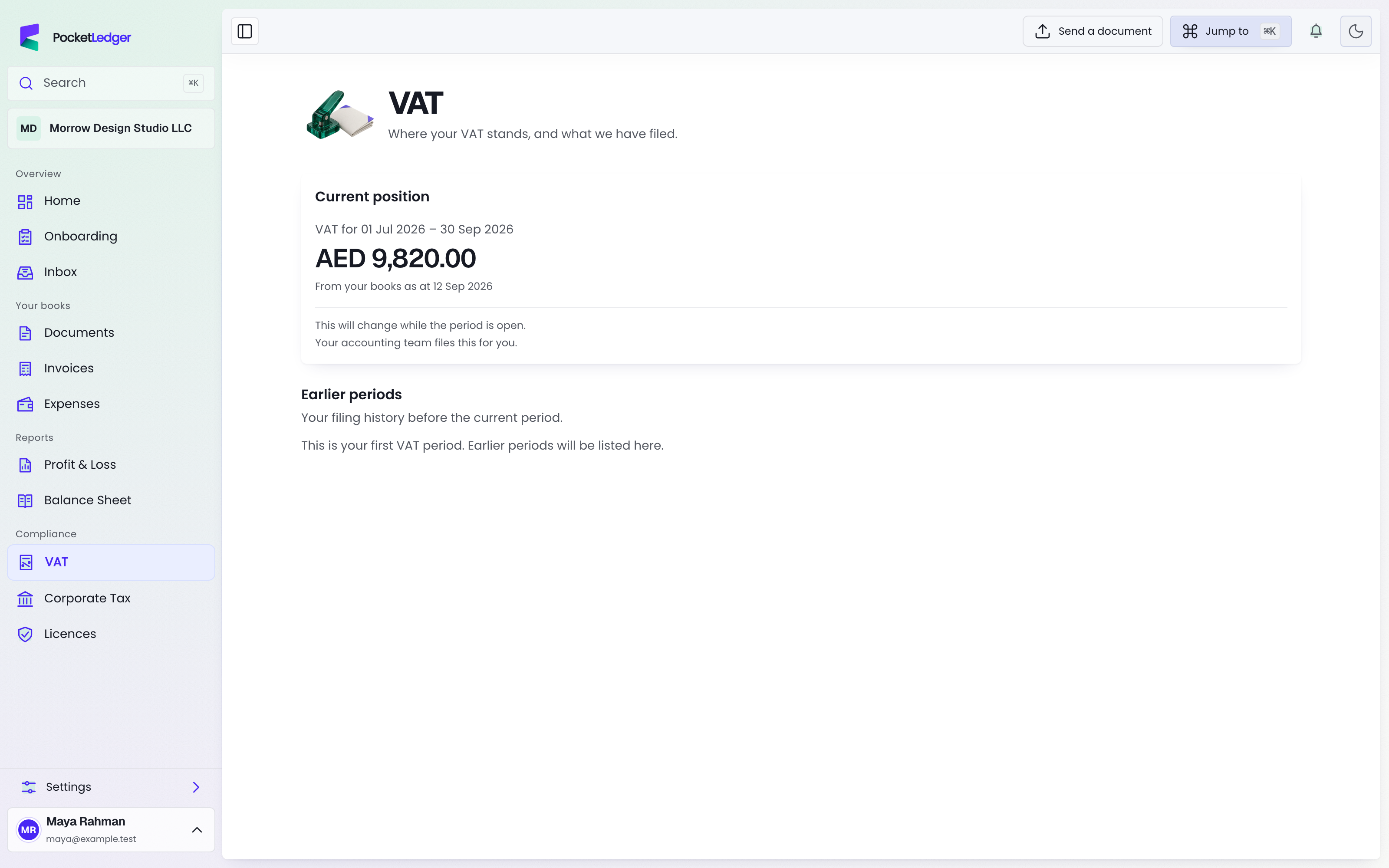 Actual PocketLedger client portal: your vat position and next deadline, populated with fictional sample records.