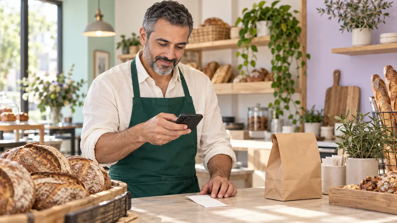A bakery owner checking an order on his phone at the counter