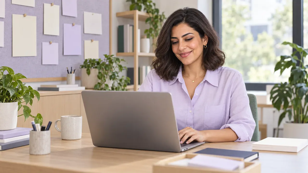 A consultant working on a laptop in a bright studio
