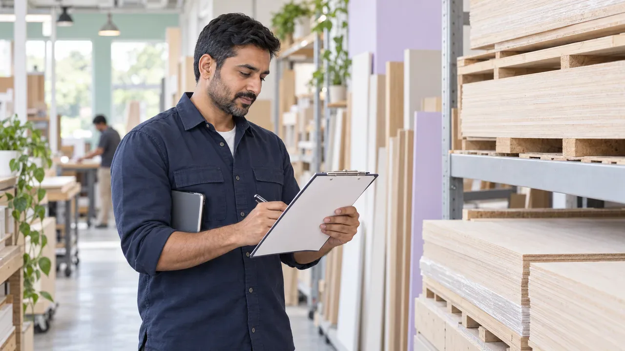 A trader checking stock against a delivery note in a warehouse