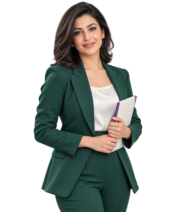 A smiling woman in a green suit, holding a notebook