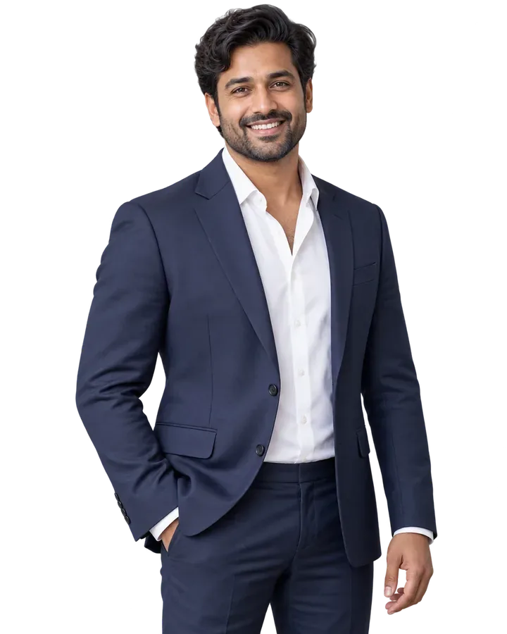 A smiling man in a navy suit, one hand in his pocket
