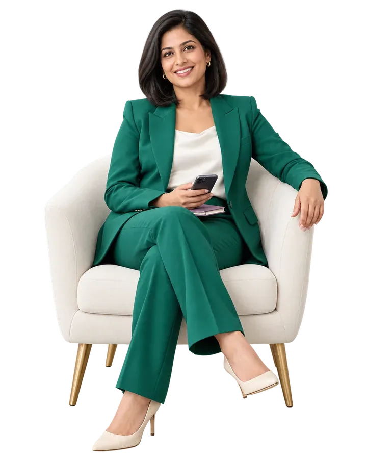 A smiling woman in a green suit, seated in an armchair with her phone