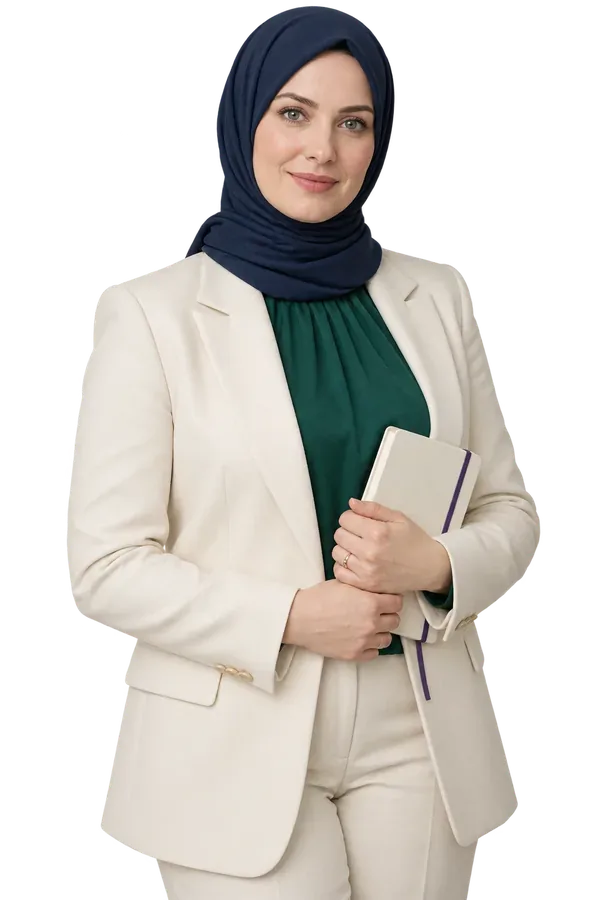 A smiling woman in a cream suit and navy headscarf, holding a notebook