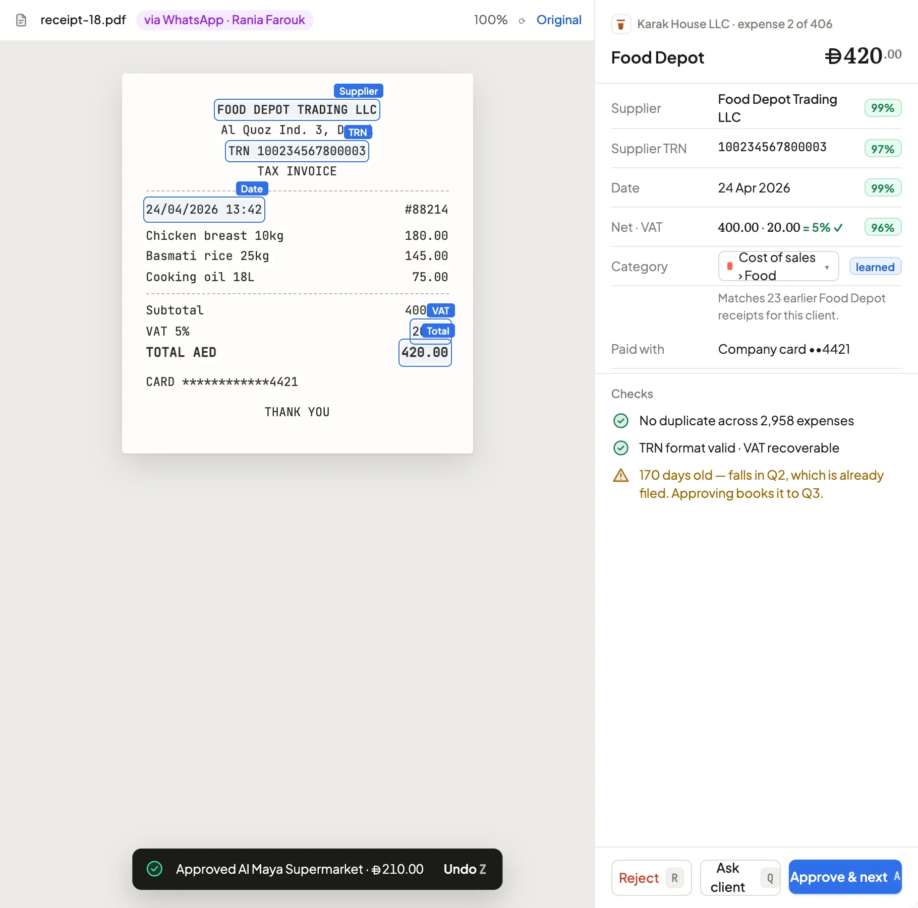 Review workspace: receipt preview beside extracted details