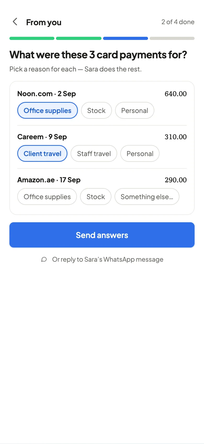 Answering what three card payments were for, in one tap